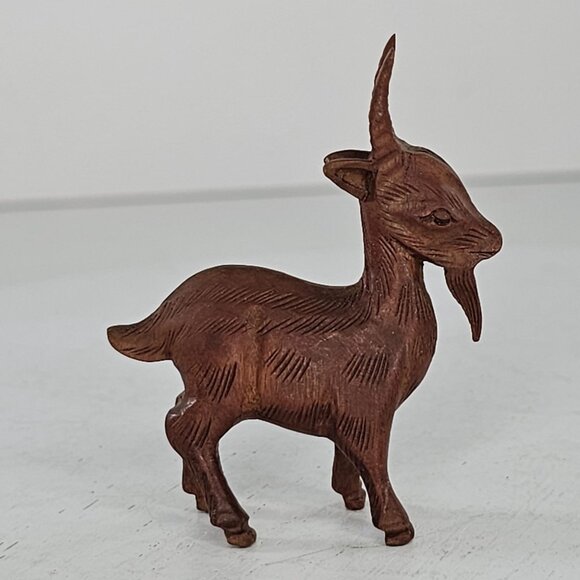 Handcrafted Wooden Goat Figurine Carved Miniature Dark Wood Signed - Picture 4 of 10